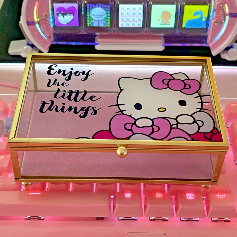 Hello Kitty Glass Jewelry Box Pink Lined Bottom Gold 6"x4"x2" Bows 2024 Sanrio